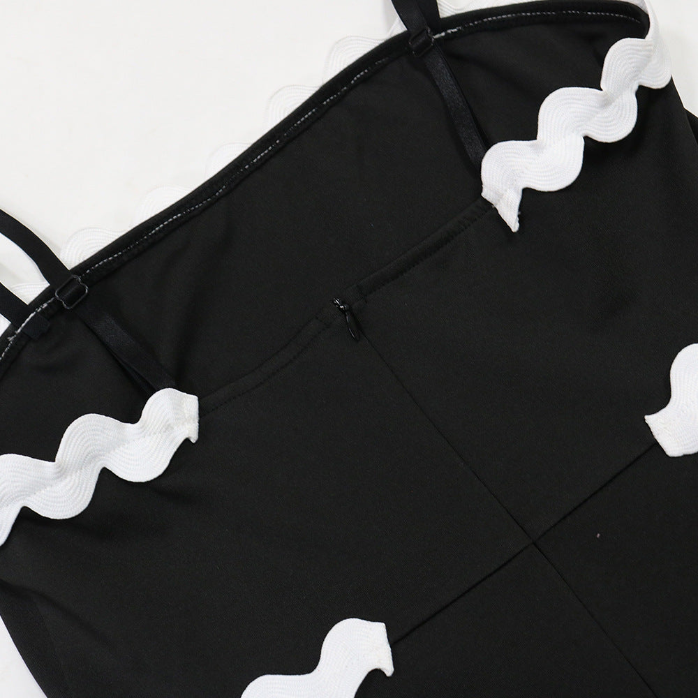 Women Strap Solid Wave Ribbon Patchwork Solid Strap Dress 20