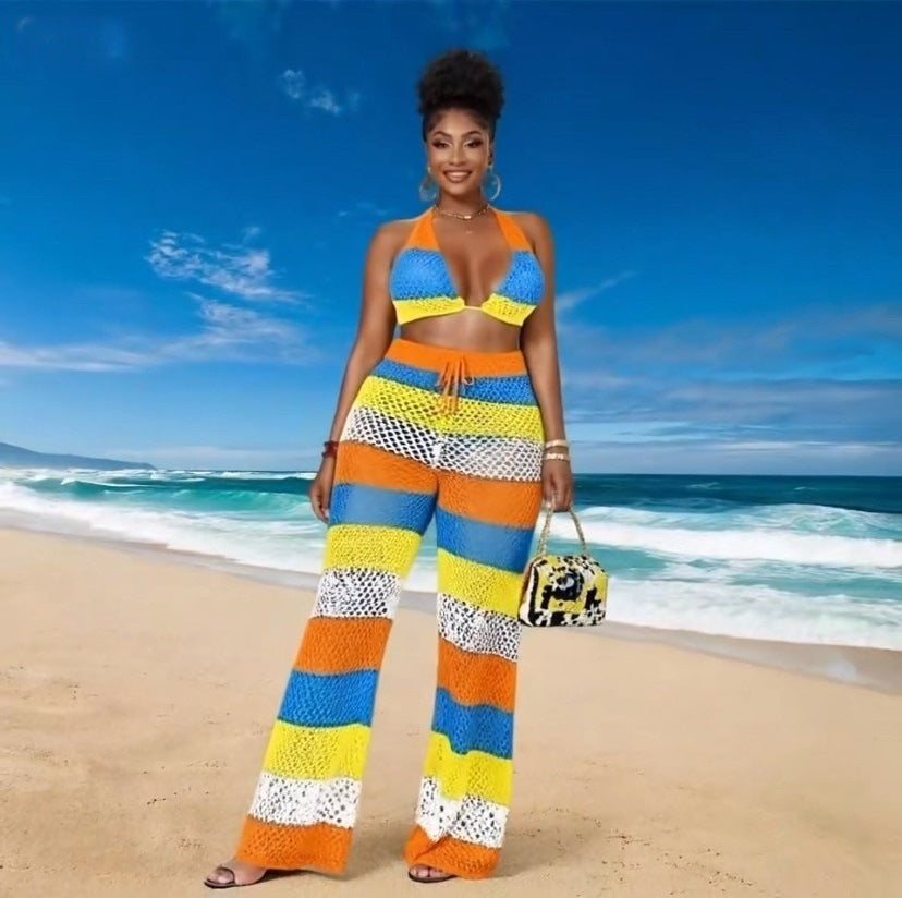 Women multi-color striped halter neck backless top and knitting pant, sexy see-through mesh two-piece set. 3