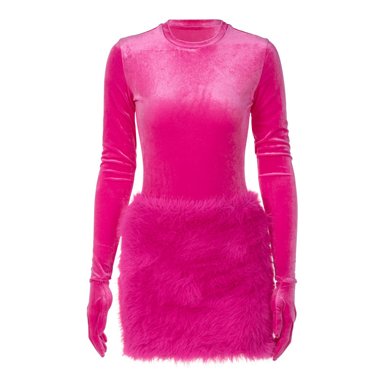 Women's Autumn Fashion Round Neck Long Sleeve Bodysuit Slim Fit Plush Skirt Two Piece Set 7