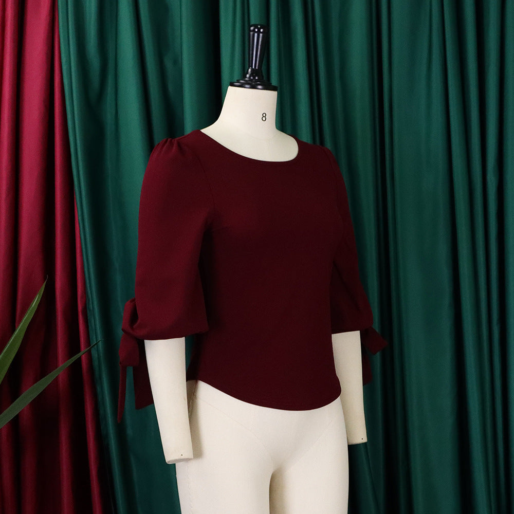 Women's Spring Fashion Chic Slim Fit Solid Lace-Up Bubble Sleeve Shirt 10