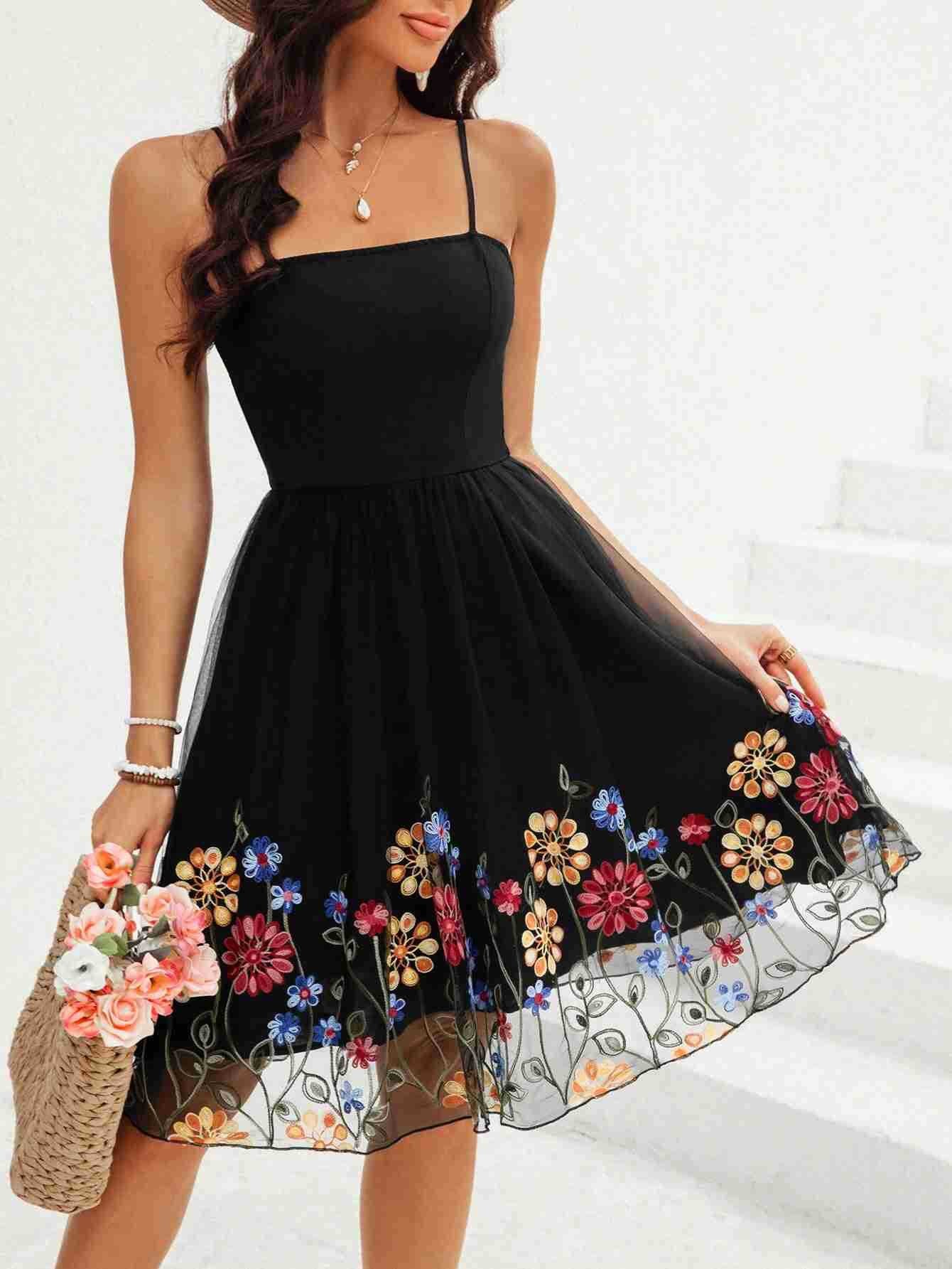 Women Elegant Solid Mesh Embroidered Dress 7