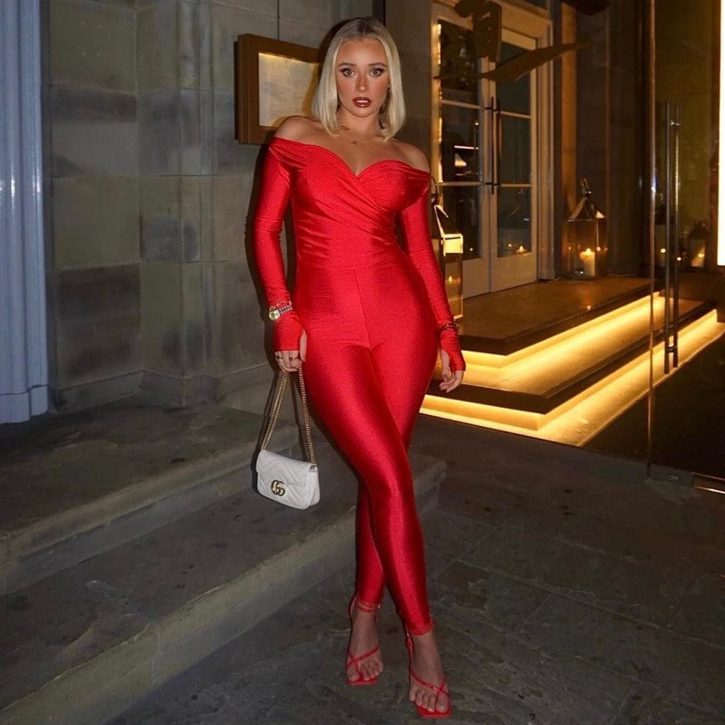 Women Autumn SolidV Neck Long Sleeve Sexy Jumpsuit