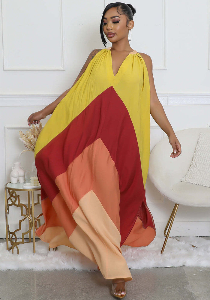 Women Summer V-Neck Long Contrast Sleeveless Holidays Dress