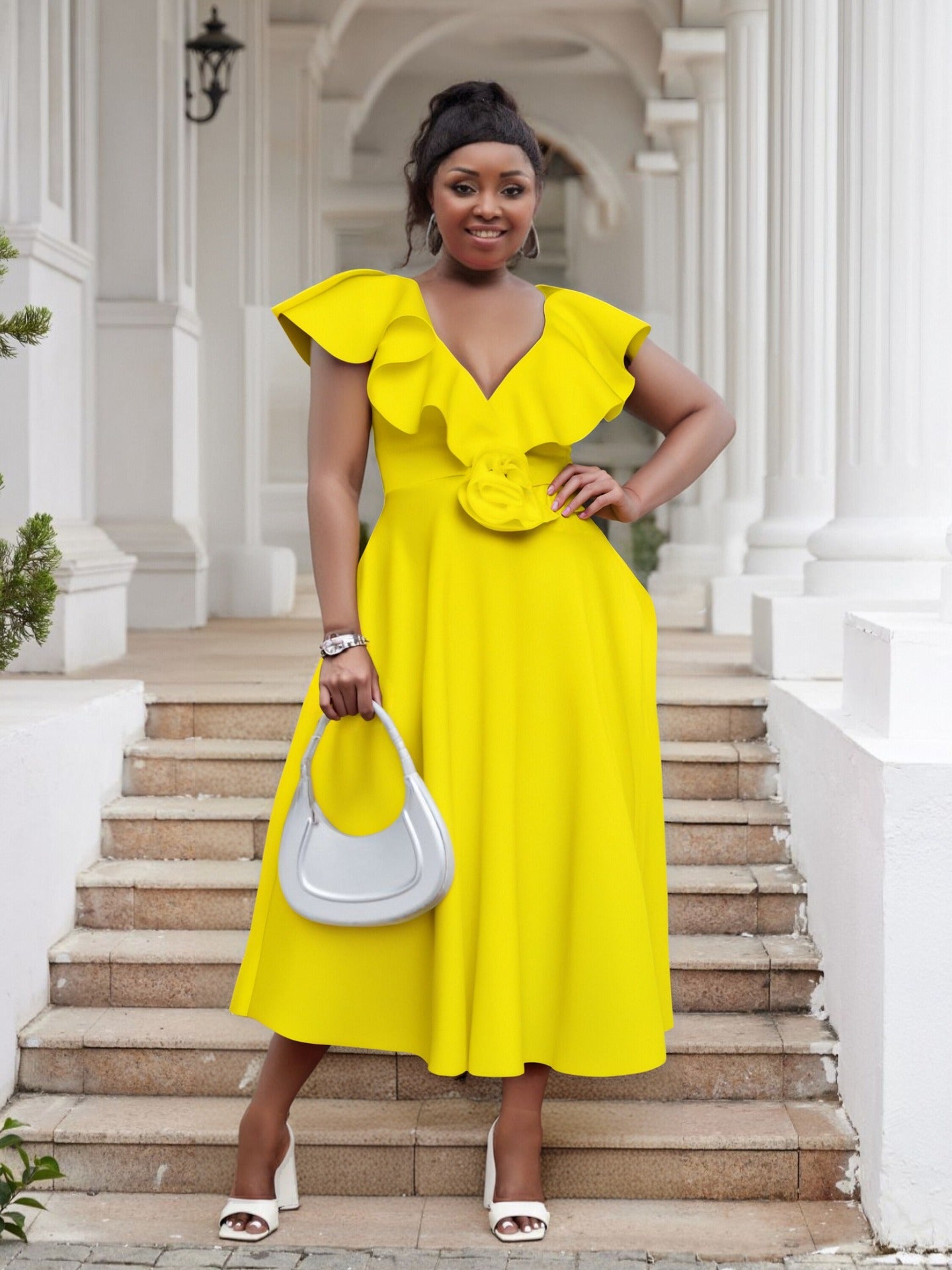 Women Plus Size V-Neck Ruffle Flower Formal Party Dress 4