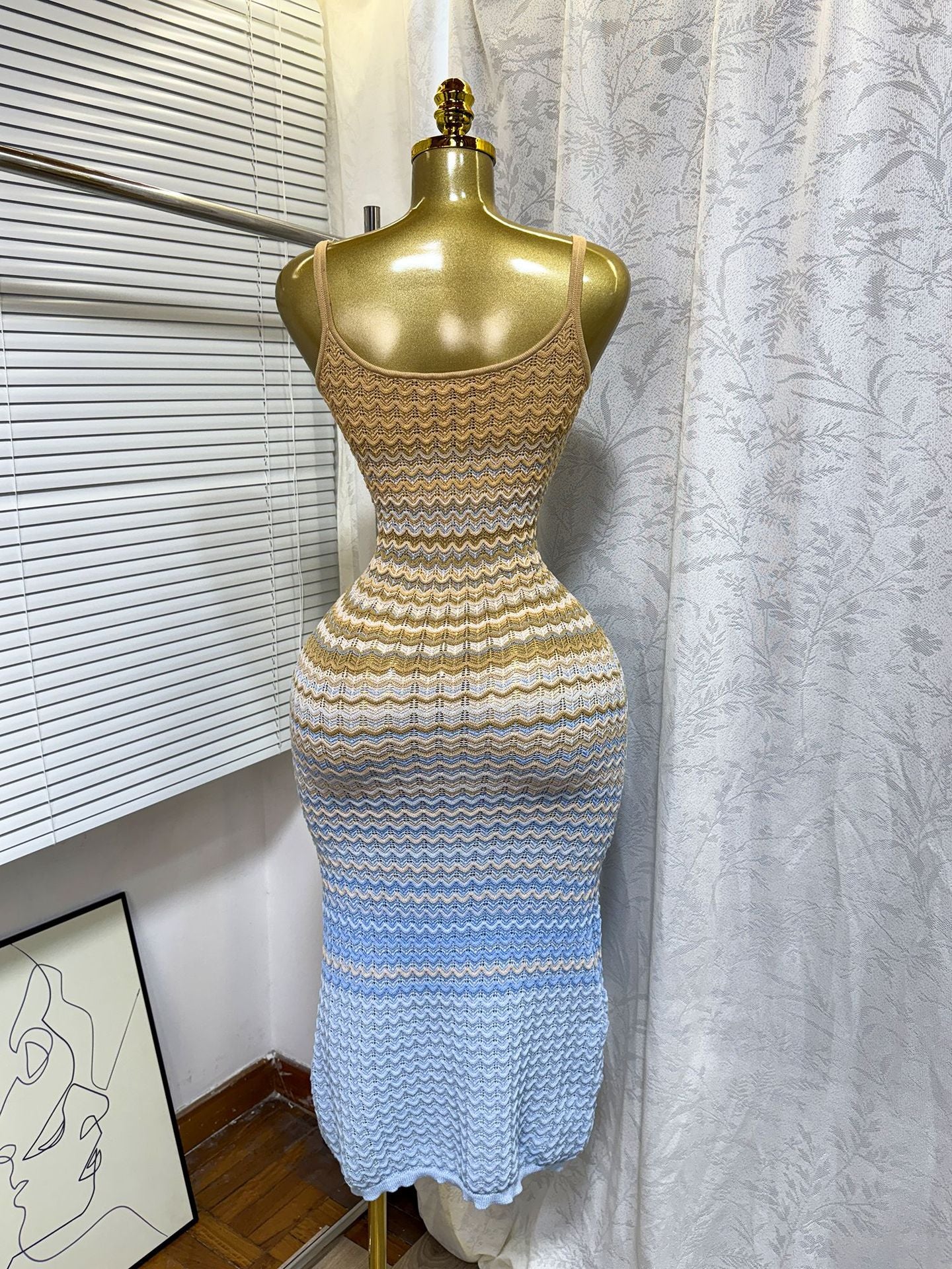 Women's Summer Strap Knitting Gradient Color Slim Bodycon Long Dress 9