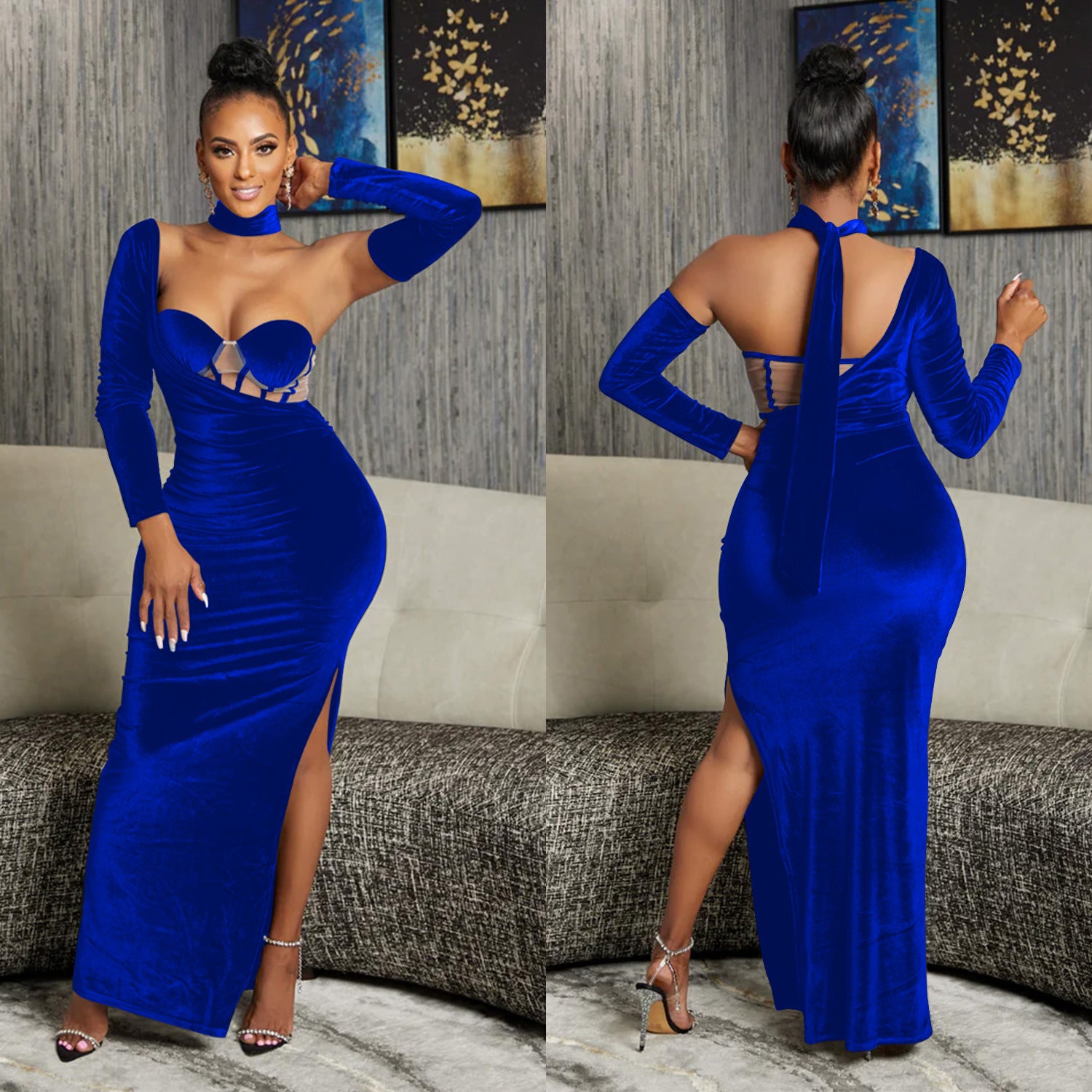 Fashion Ladies Solid Color One Sleeve Glove Evening Gown Maxi Dress 6
