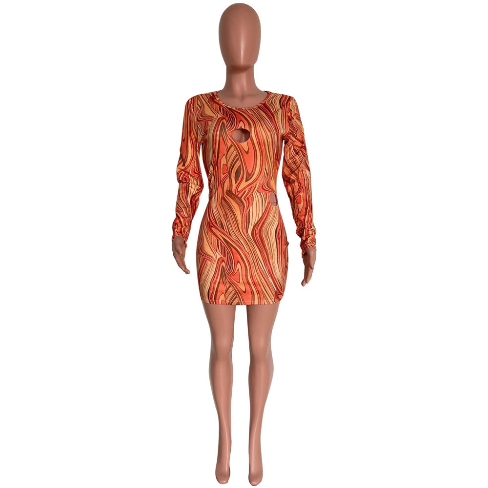 Women's Fashion Hollow Printed Long Sleeve Bodycon Dress 9