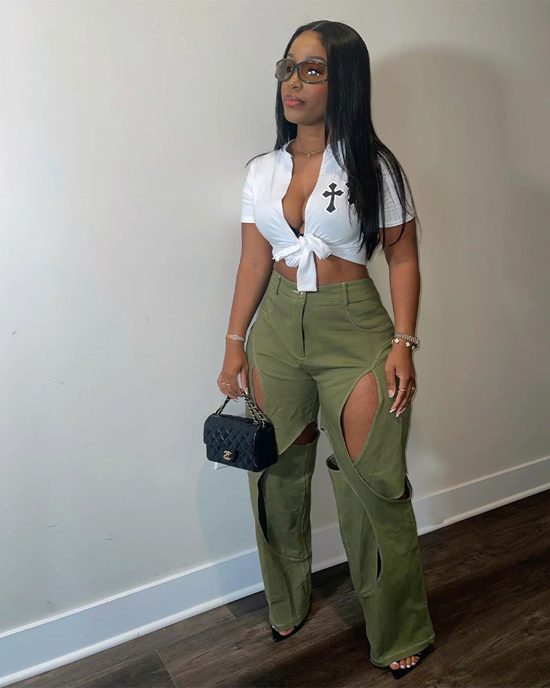 Women's Contrasting Lines Patchwork Cutout Casual Pants Trendy Wear with Loose Pants 5