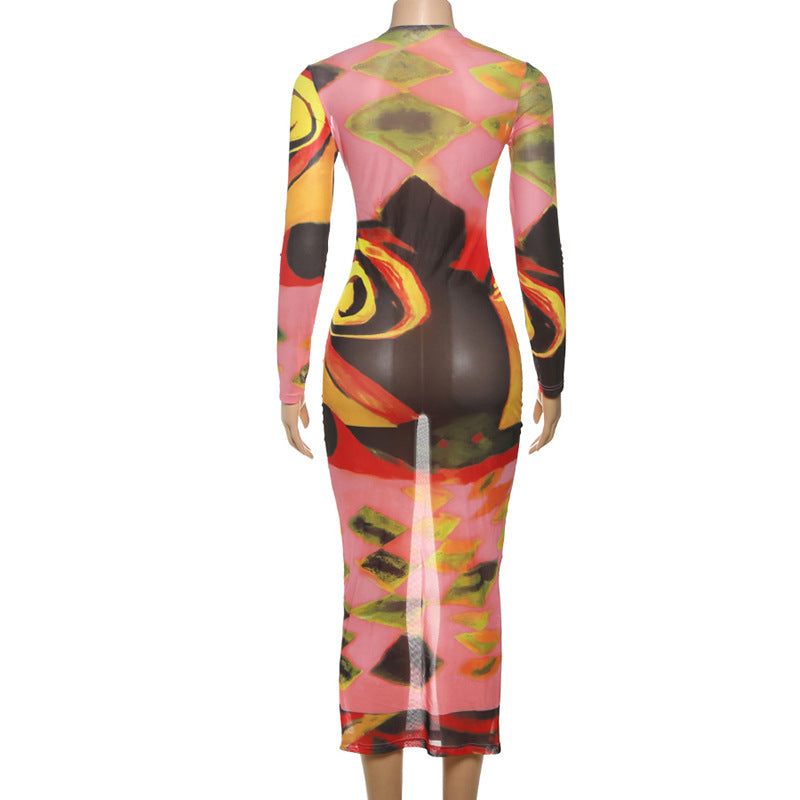 Women Summer Painted Print Long Sleeve See-Through Sexy Bodycon Dress 7