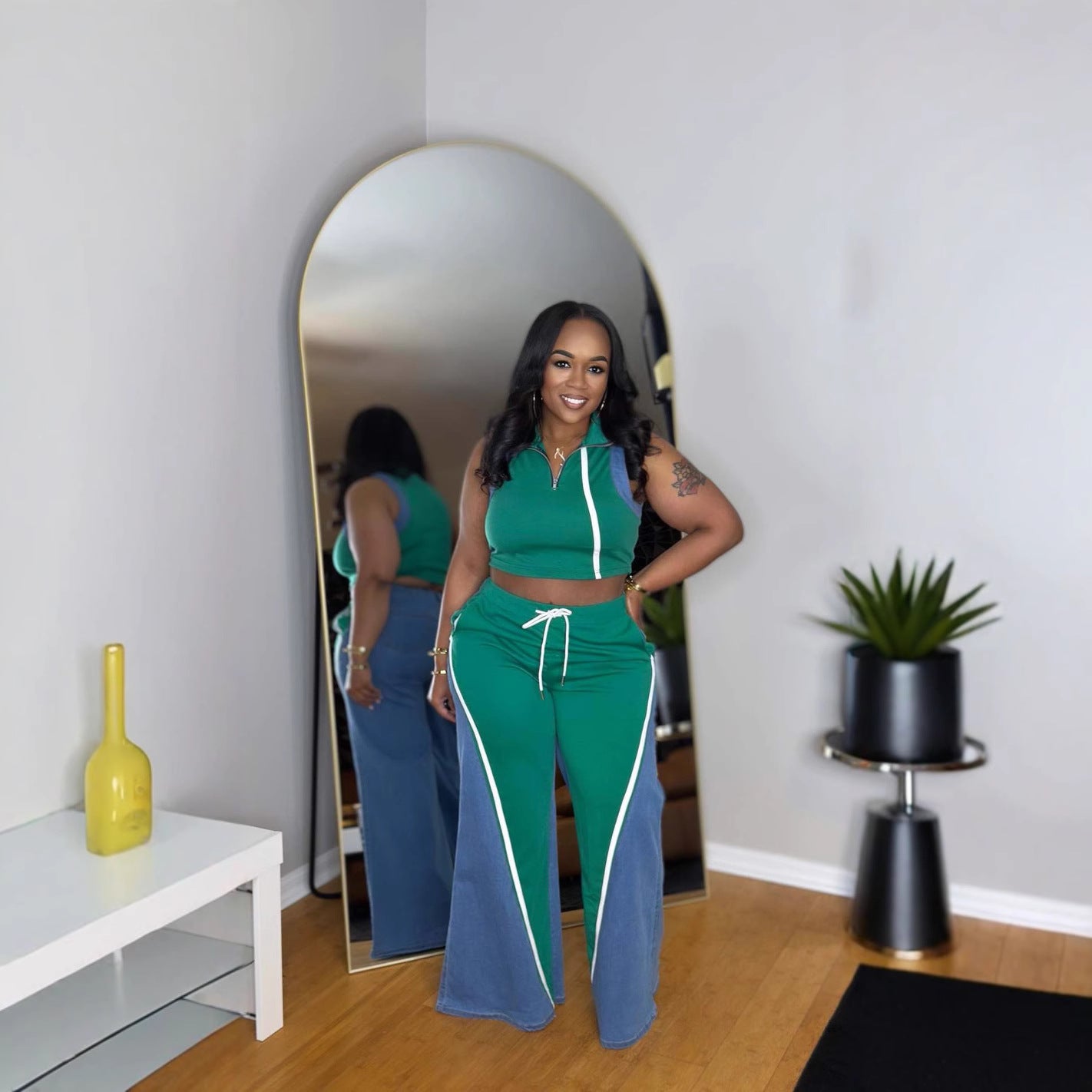 Women's denim patchwork sleeveless V-neck top wide-leg trousers two-piece set 7