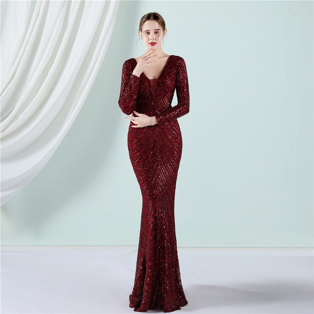 Sequin Evening Dress Women Formal Party Elegant Long-Sleeved Sequined Mermaid Evening Dress 9