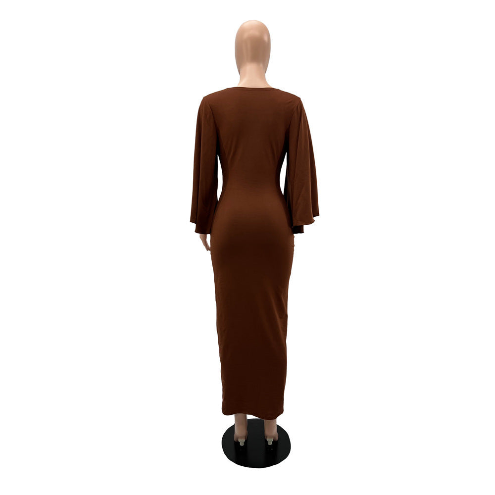 Chic Elegant Bat Sleeves V-Neck Slim Midi Women's Dress 7