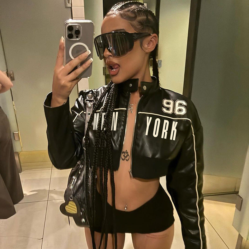 Women American letter print contrast color zipper long sleeve Pu Leather Crop jacket 3