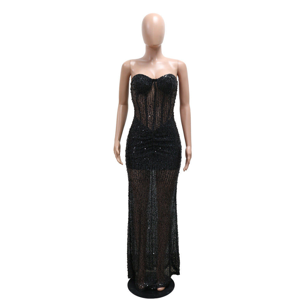 Strapless Sequin See-Through Long Dress for Women 10
