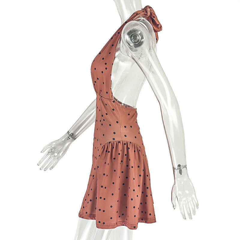 Print Polka Dot Women's Slim Waist Sexy A-Line Pleated Deep V-Neck Sleeveless Short Dress 7