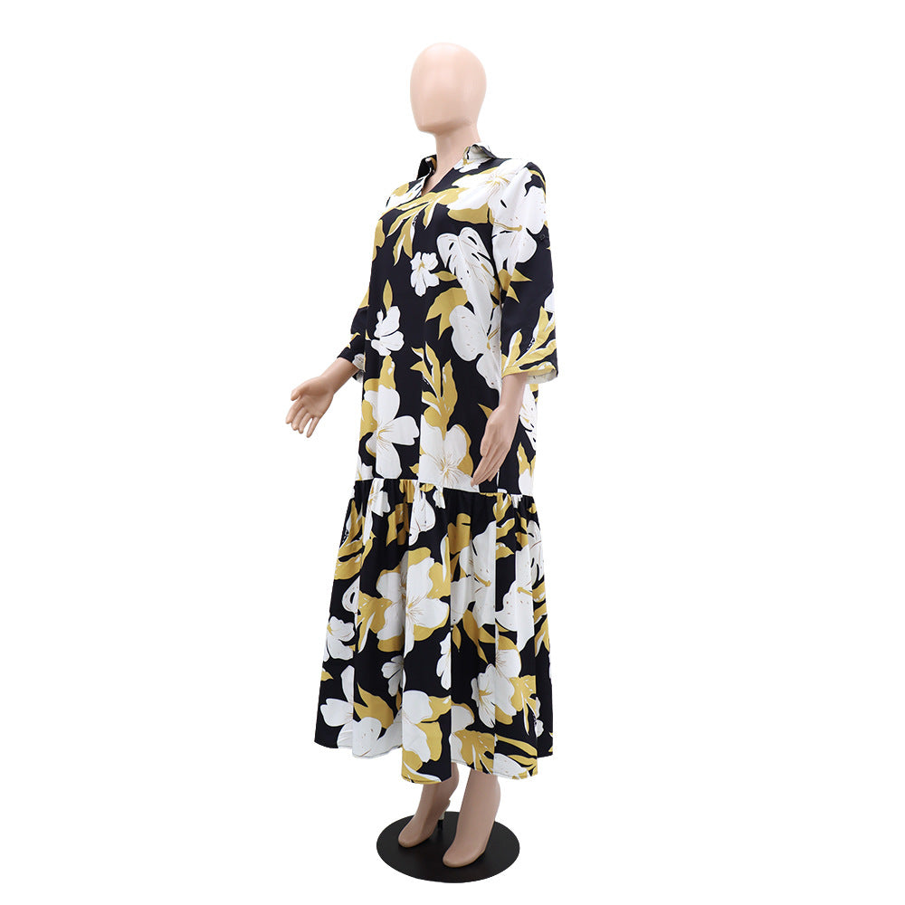Women Printed Turndown Collar V Neck Patchwork Long Dress 4