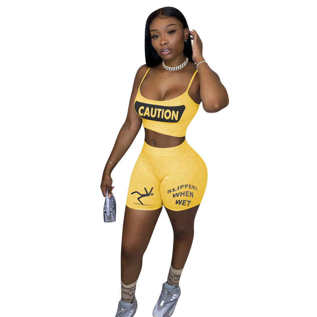 Women Nostalgic Letter Printed Tank Top Shorts Sports Two-piece Set 8