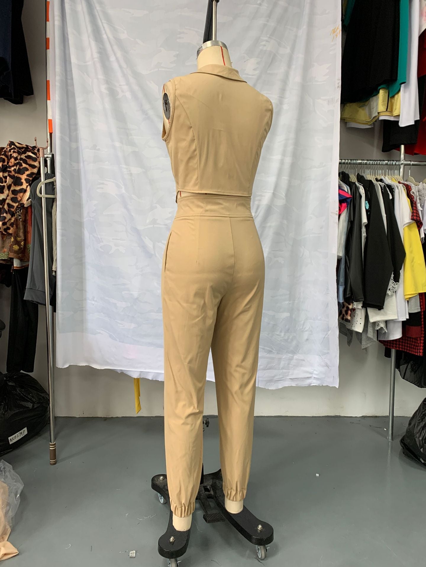 Sleeveless Khaki Turndown Collar Sleeveless Short Vest Trousers Two Piece Set 6