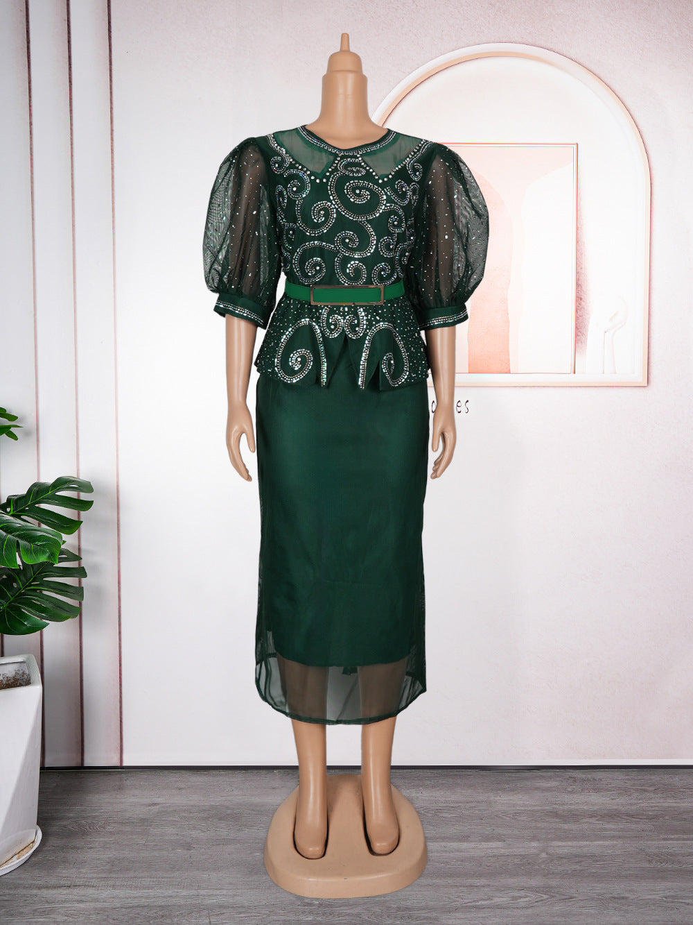 Plus Size African Women Beaded Puff Sleeve Bodycon Dress 12