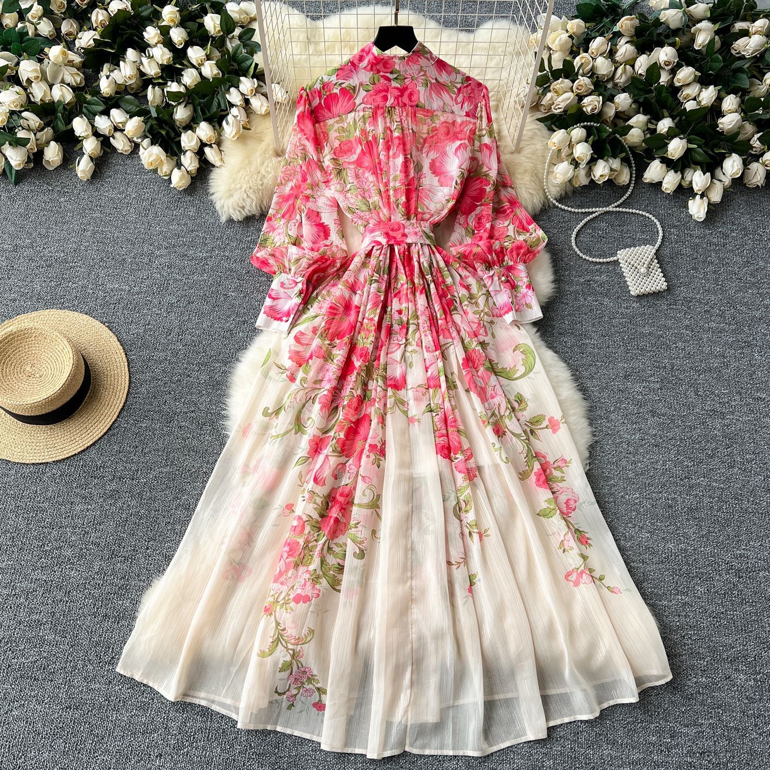 Printed Stand Collar Long-Sleeve Slim Waist Belt Chiffon Maxi Dress 9