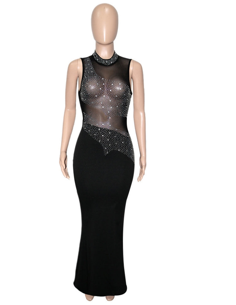 Winter Sexy Black Beaded Mesh Patch Sleeveless Evening Dress 5
