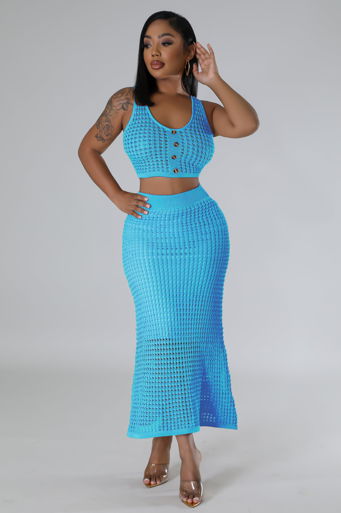 Women tassel fishnet knitting Casual Top and Skirt two-piece set 3