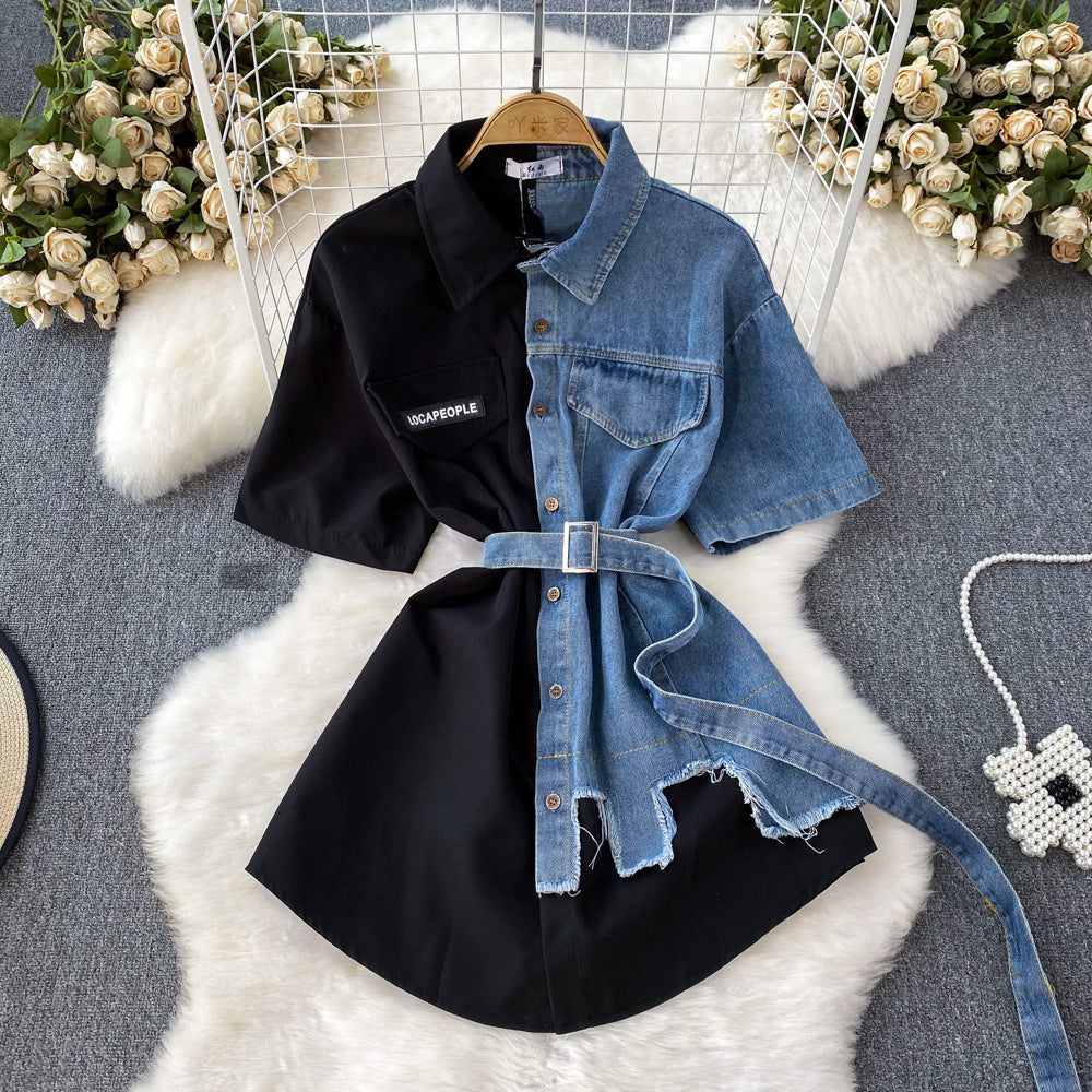 Color Block Turndown Collar Slim Waist A-Line Single Button Denim Shirt Irregular T-Shirt Dress 5