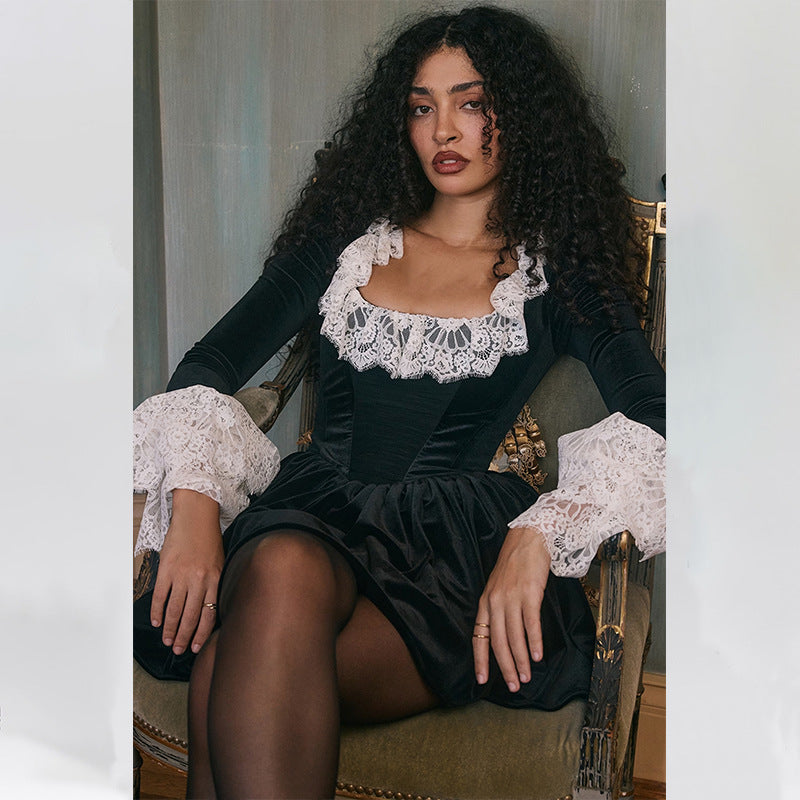 Autumn Fashion Sexy Chic Lace Velvet Long Sleeve A-Line Dress