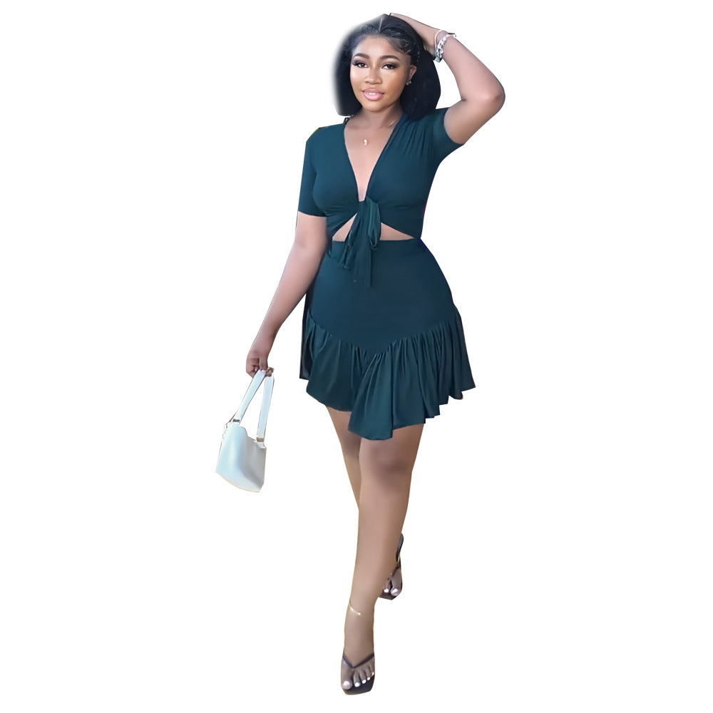 V Neck Short Sleeve Lace-Up T-Shirt Ruffle Skirt Casual Holidays Two-Piece Set 12