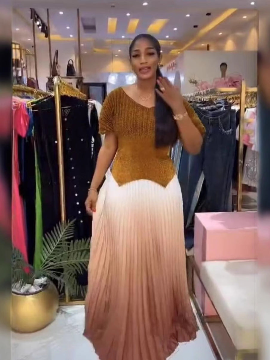 Pleated solid color v-neck top gradient pleated long skirt two-piece set for women 8