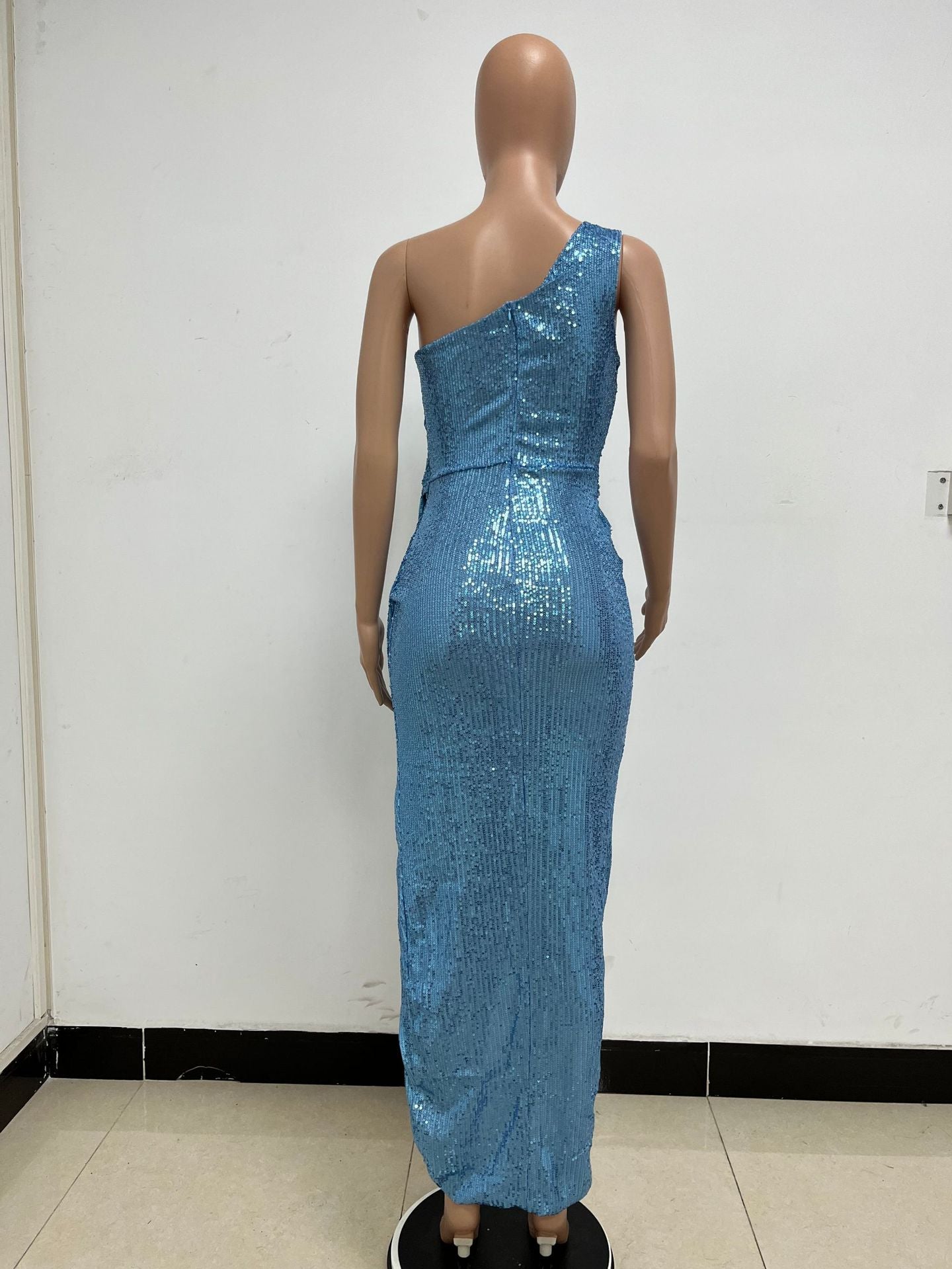 Women's One-Shoulder Lace-Up Sequined Evening Dress 77