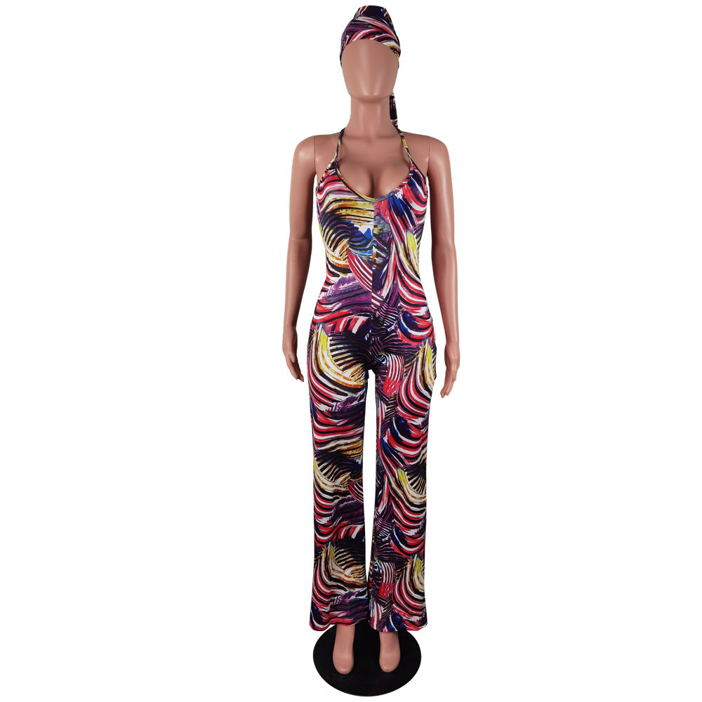 Women's Summer Sleeveless Straps Painted Print Low Back Long Jumpsuit With Bandana 12