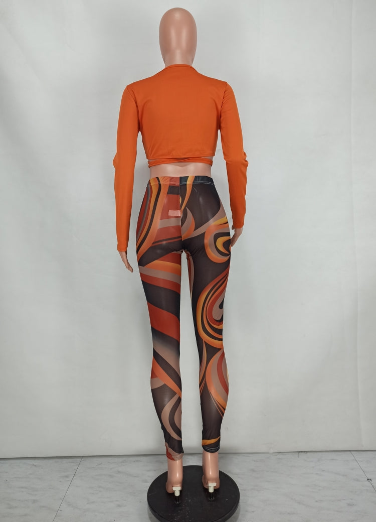 Fall Sexy Orange Wrap Tied Long Sleeve Crop Top and Printed Tight Pants Set 7