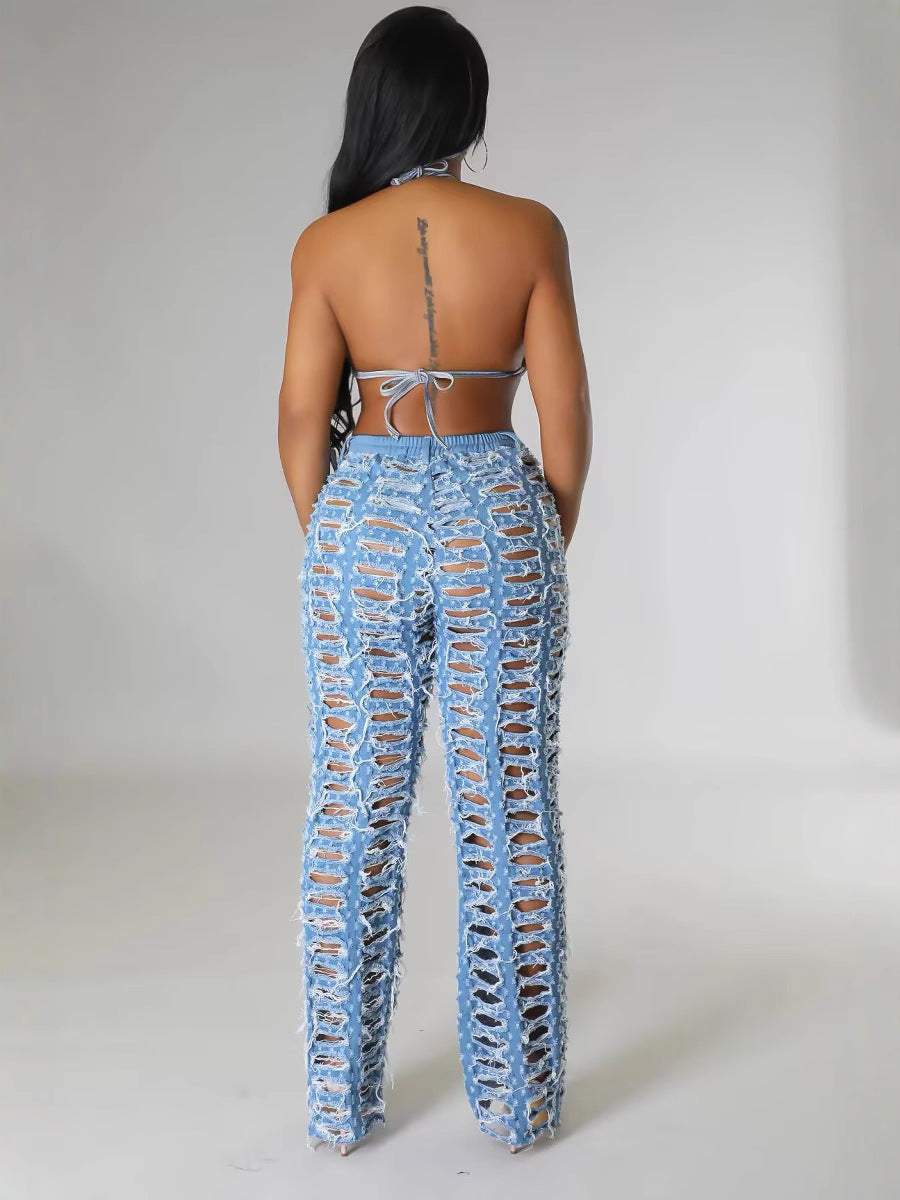 Spring Summer Women's Ripped Tassel Solid Color Wide Leg Pants 5