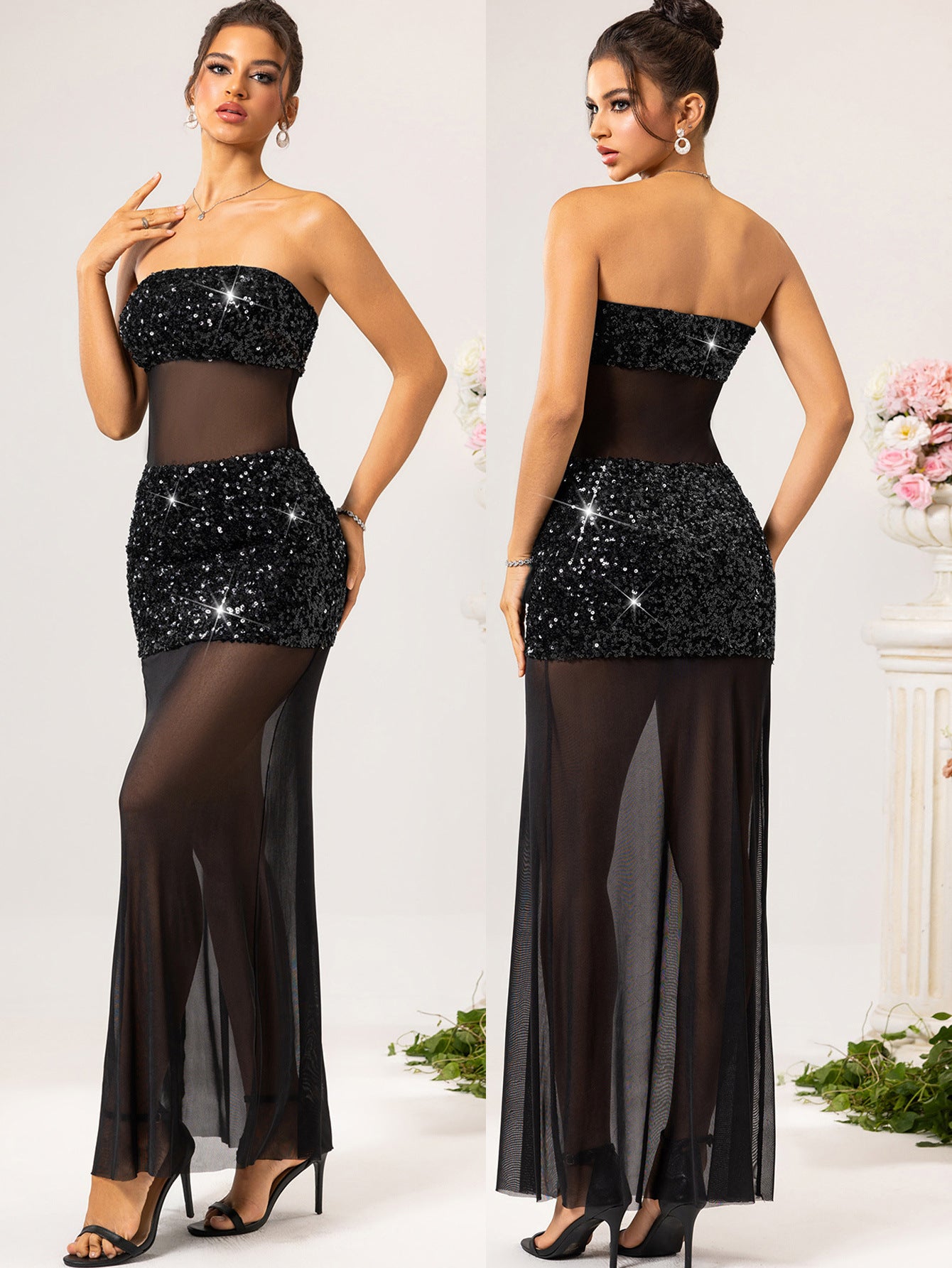 Women's Sexy See-Through Mesh Patchwork Sequin Long Dress