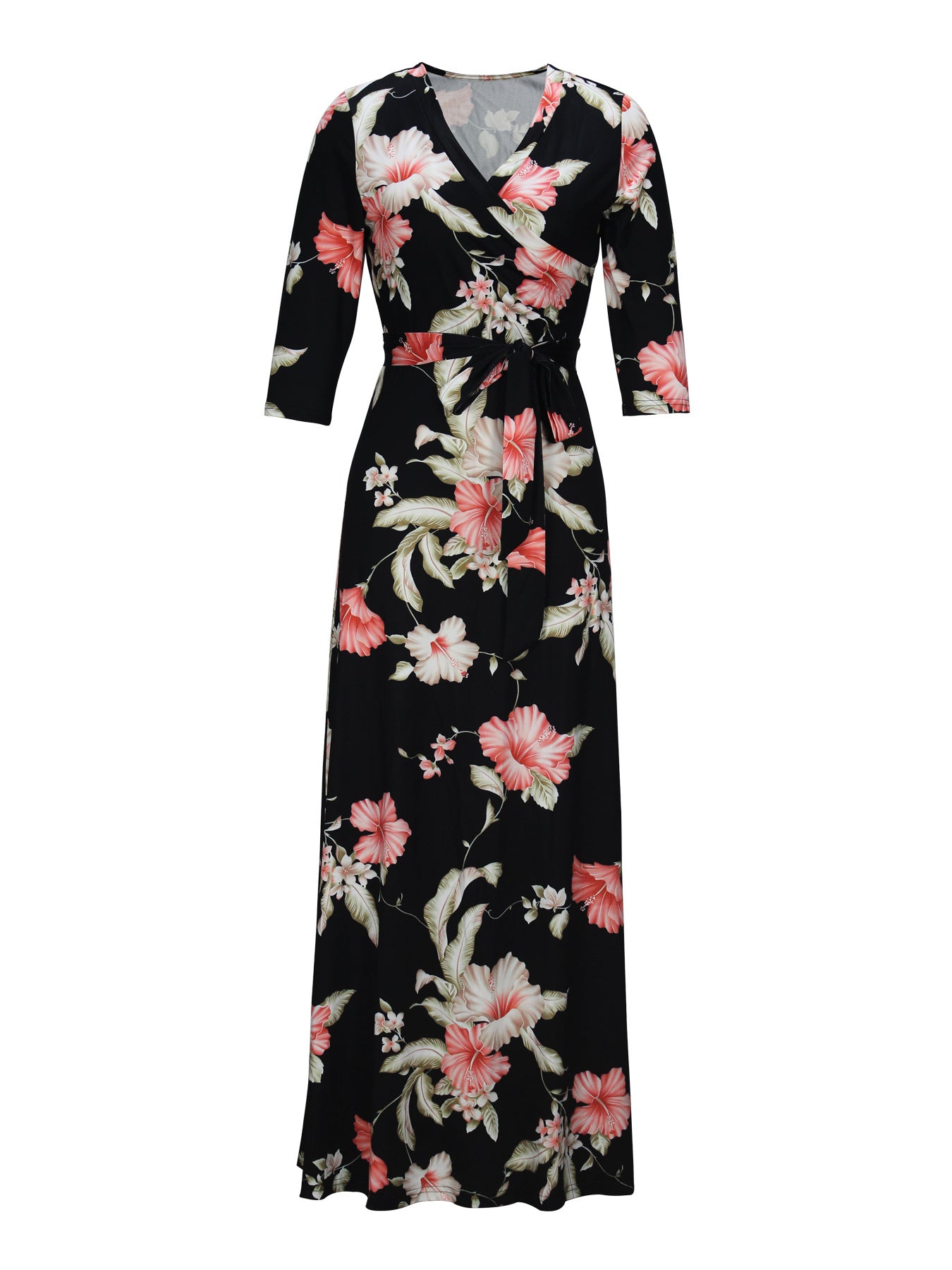 Spring & Autumn Women's Fashion Elegant Wrap V-Neck Half-Sleeve Print Belt Maxi Dress 98