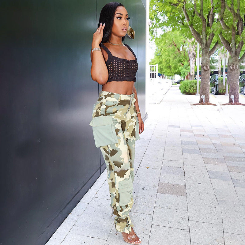 Women's High Waist Loose Straight Camouflage Printed Multi-Pocket Fashion Streetwear Cargo Pants 6