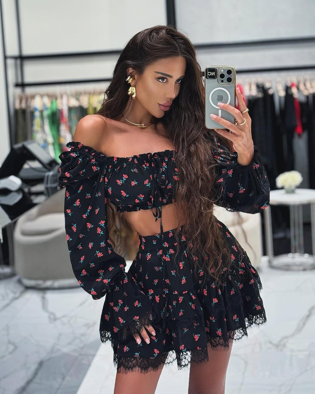 Women summer lace printed lantern sleeves Strapless shirt and skirt two-piece set