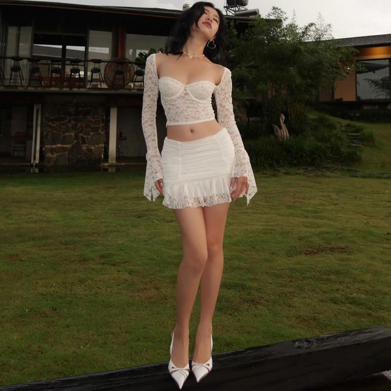 Women Autumn Sexy Bell Bottom Sleeve Crop Top Gathered Skirt Two-piece Set 10