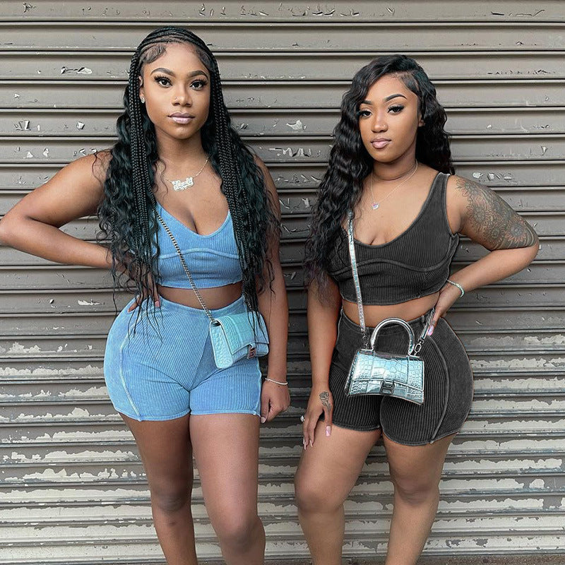Women Rib Camisole and Shorts Summer Casual Sports Two-piece Set 8