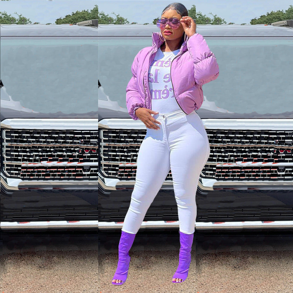 Women Solid Zipper Warm Padding Jacket 3