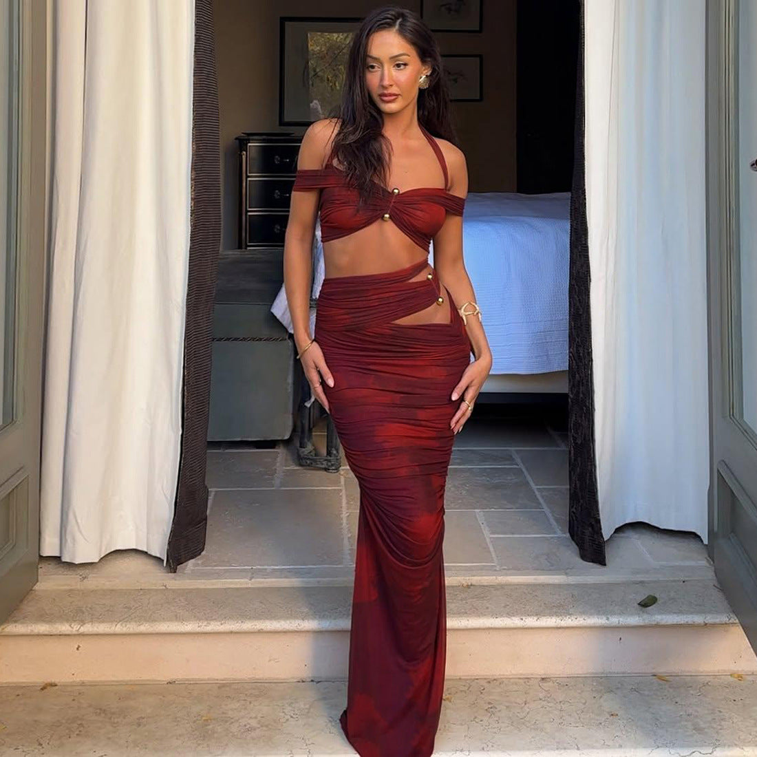 Summer Women's Sexy Halter Neck Off-Shoulder Sleeveless Top & Fitted Ruched Long Skirt Set