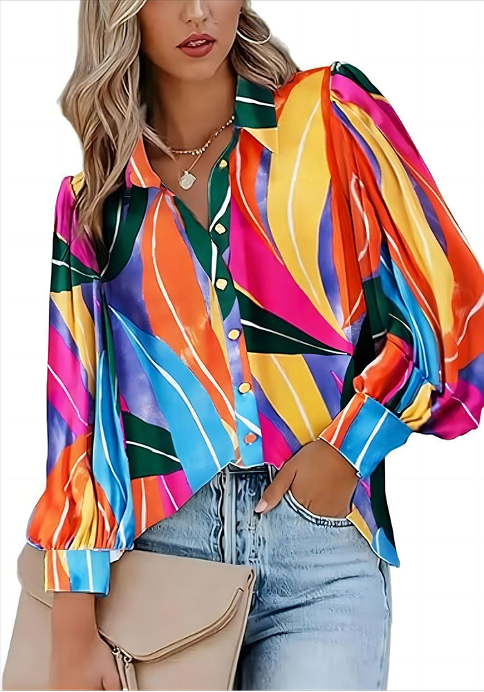 Autumn Fashion Casual Long Sleeve V-Neck Button Printed Shirt