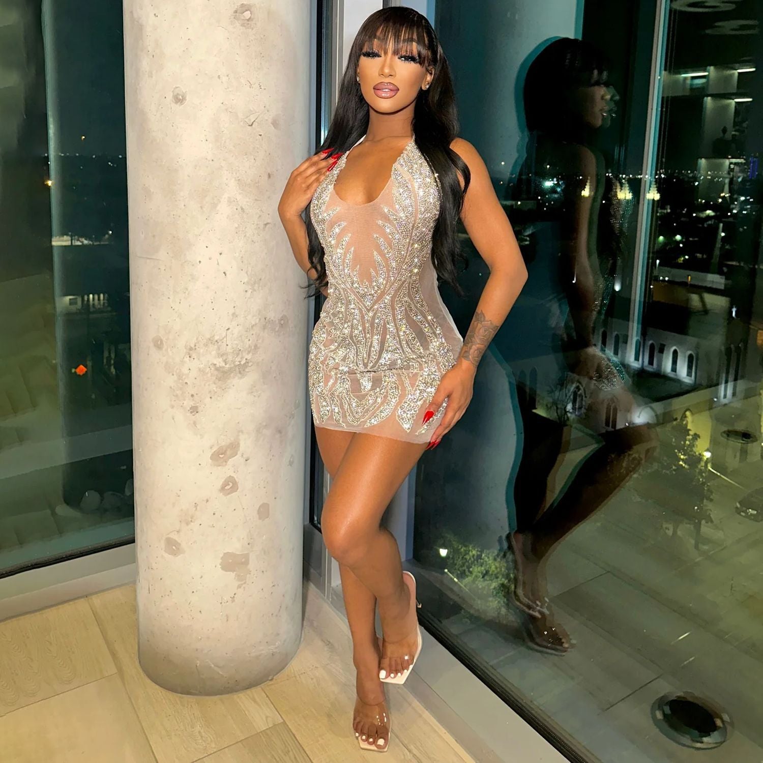 Summer women's sexy mesh Beaded See-Through nightclub dress