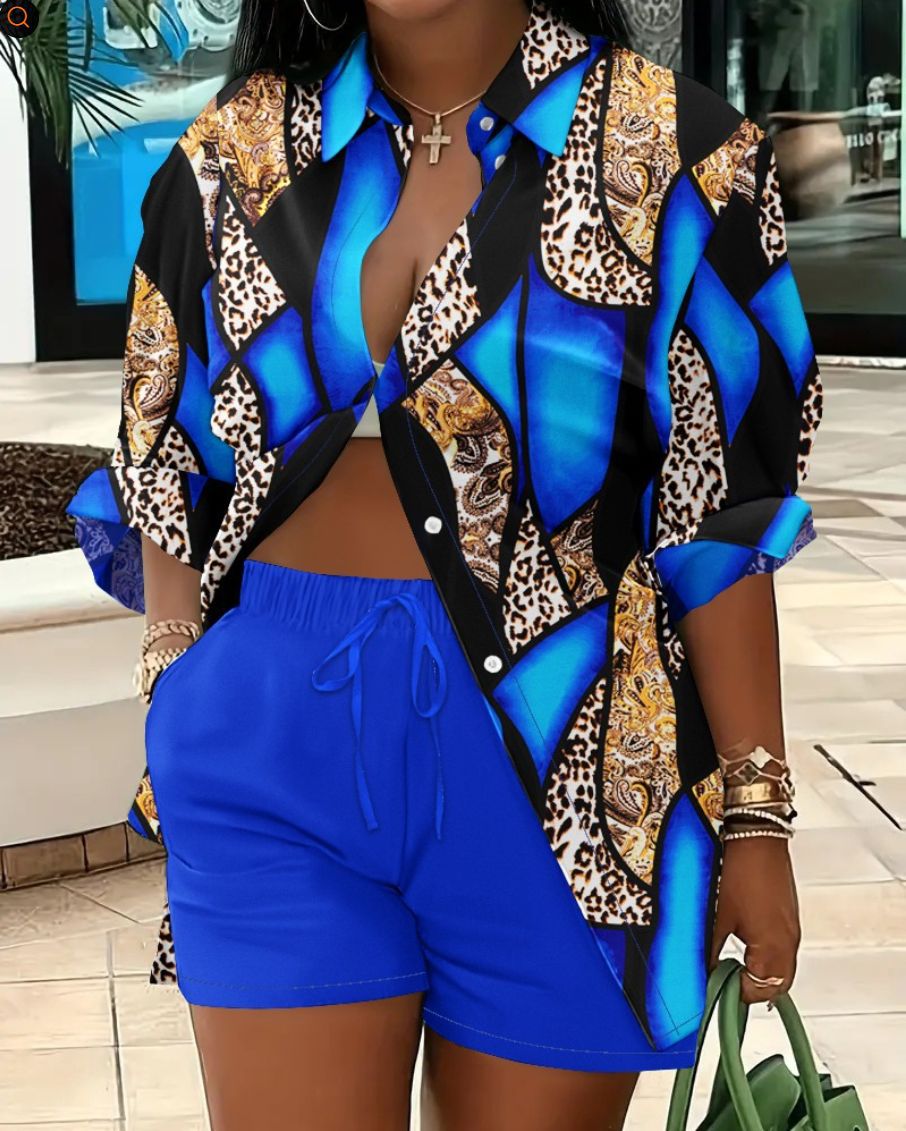 Women's Long Sleeve Printed Shirt Shorts Printed Two Piece Set 31
