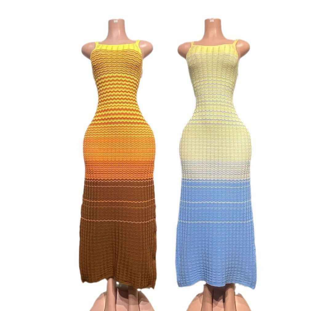 Gradient Striped Knit Sleeveless Strappy Slim Waist Slim Fit Dress 10