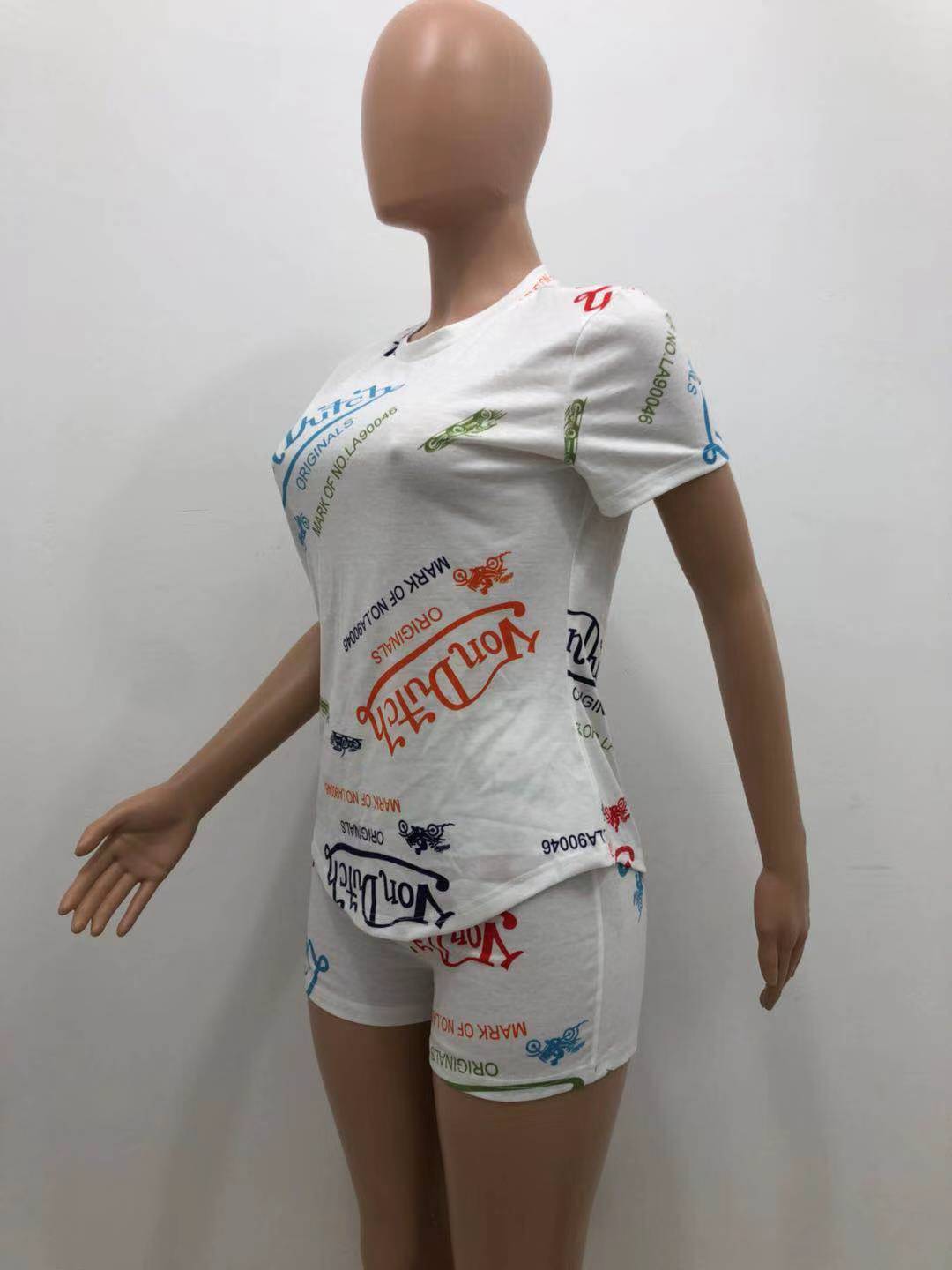 Women Sexy Letter Print Round Neck Short Sleeve Top and Shorts Two Piece Set 24