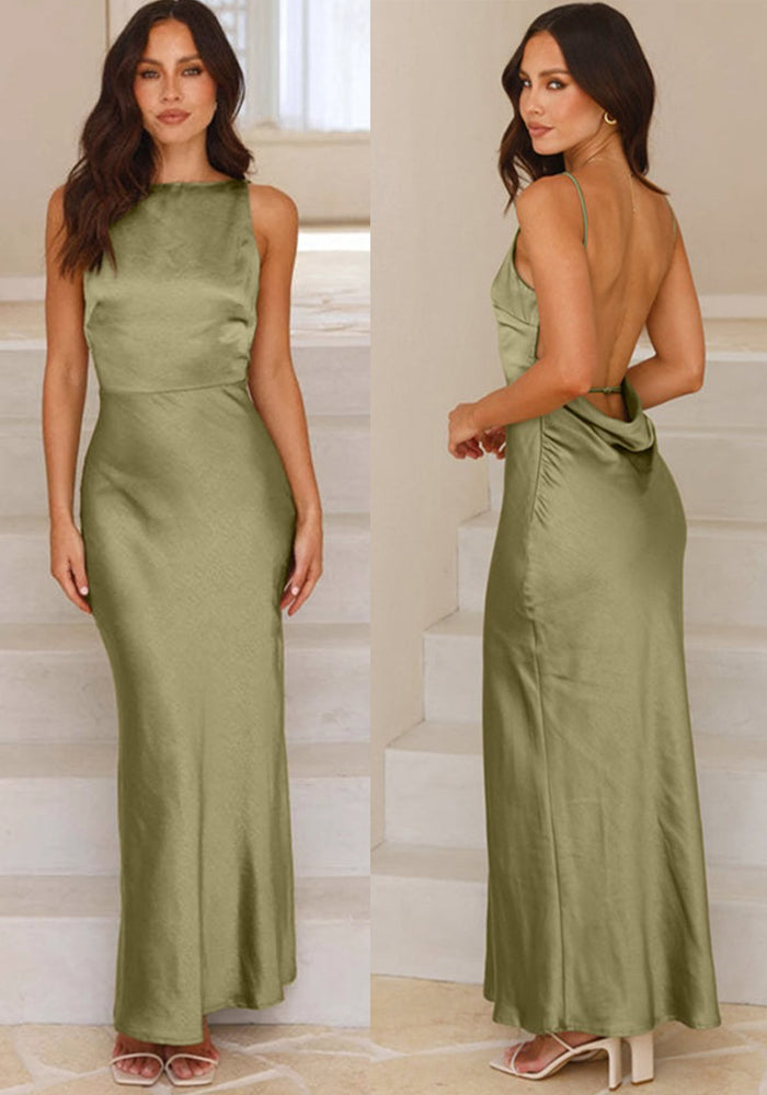 Women Solid Satin Sexy Backless Strap Fishtail Dress