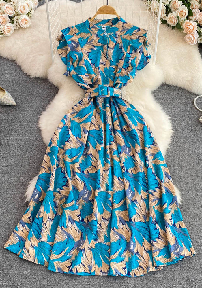 summer stand collar slim waist printed a-line high waist elegant chic long dress