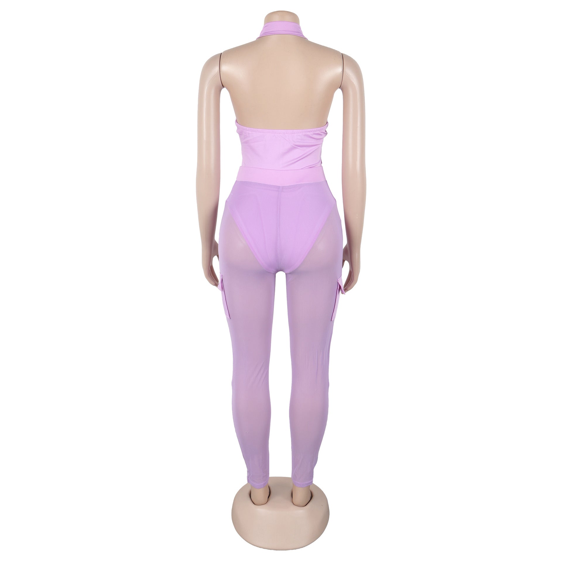 Summer Deep V-Neck Sleeveless Tight-Fitting Bodysuit Pocket Mesh Pants Set 25